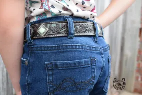 Girls Brown Floral Belt with Painted Turquoise Inlay