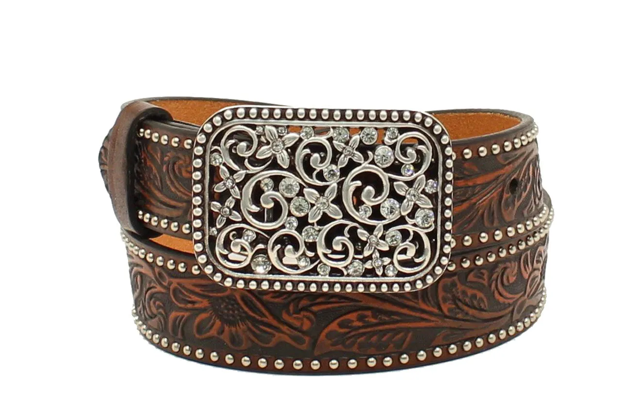 Girls Floral Embossed Brown Leather Belt