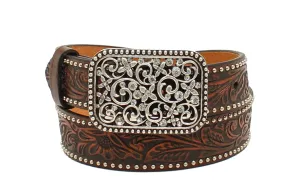 Girls Floral Embossed Brown Leather Belt