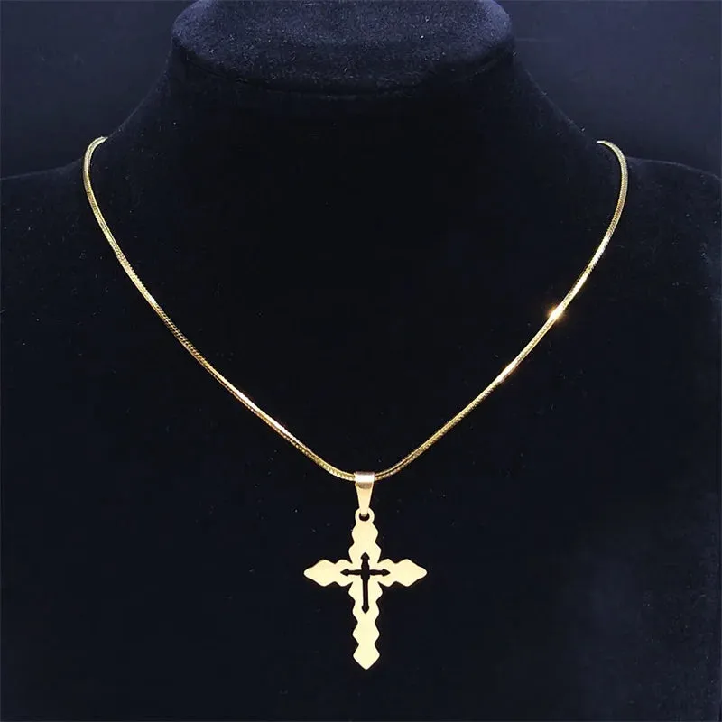 Jesus Christ Cross Pendant Necklace for Women Men Stainless Steel Gold Color