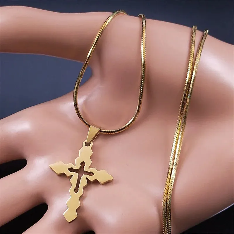 Jesus Christ Cross Pendant Necklace for Women Men Stainless Steel Gold Color