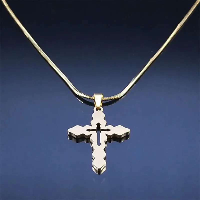 Jesus Christ Cross Pendant Necklace for Women Men Stainless Steel Gold Color