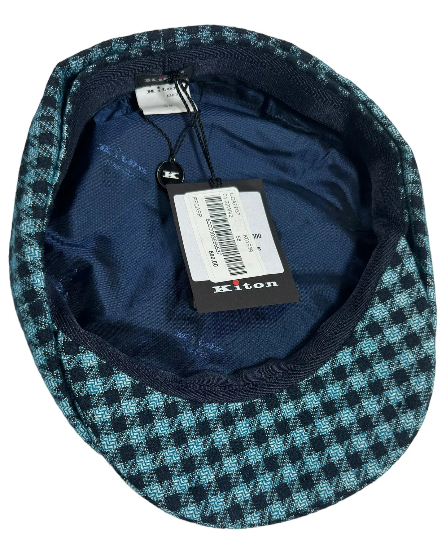 Kiton Flat Cap Cashmere Wool Aqua Black Gingham Newsboy Hat SALE