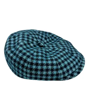 Kiton Flat Cap Cashmere Wool Aqua Black Gingham Newsboy Hat SALE