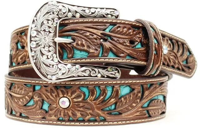 Ladies' Western Brown Leather Belt with Turquoise Inlay 1-1/2"