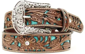 Ladies' Western Brown Leather Belt with Turquoise Inlay 1-1/2"