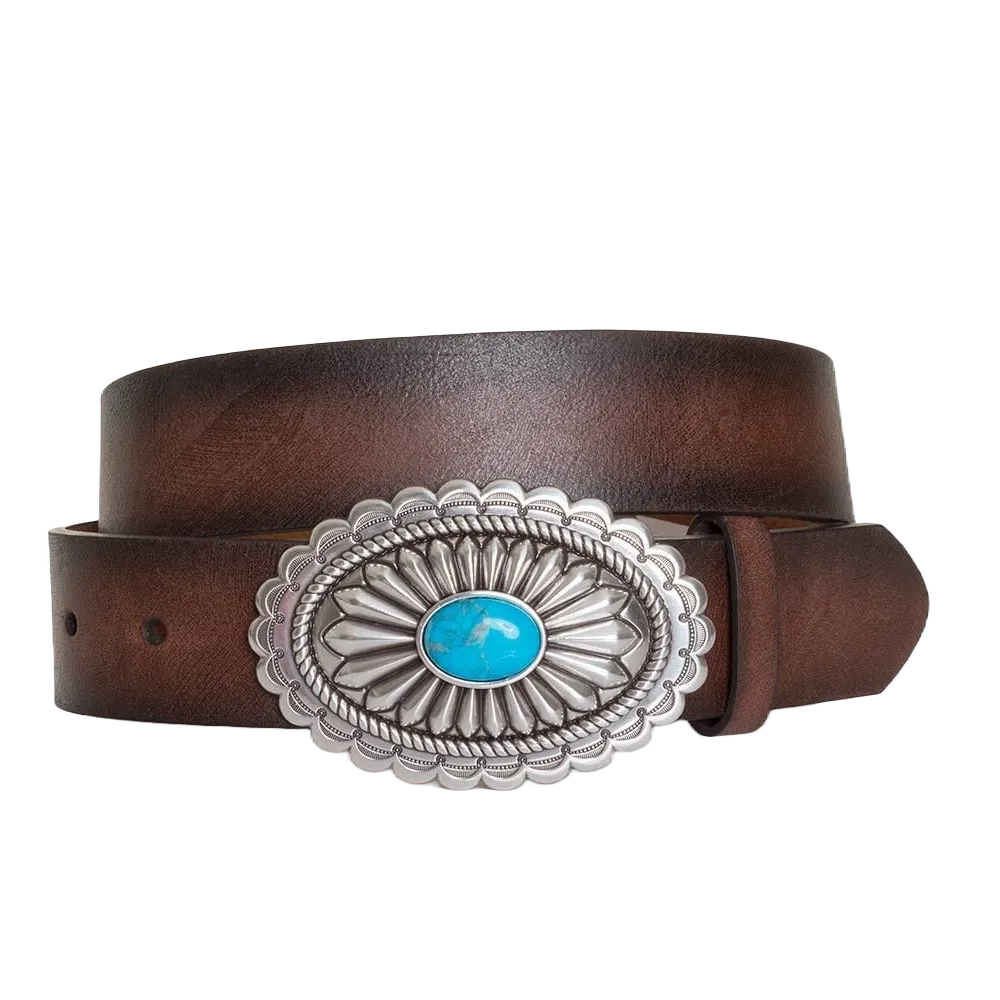 Lucinda Brown Leather Belt with Silver & Turquoise Buckle