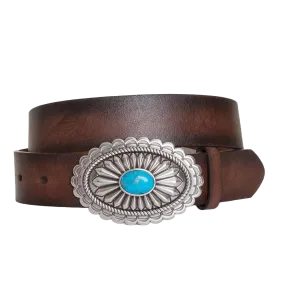 Lucinda Brown Leather Belt with Silver & Turquoise Buckle
