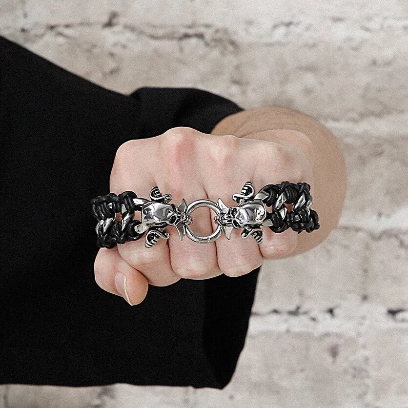 Men Braided Leather Bracelets Skull Stainless Steel Street Wristbands For Men