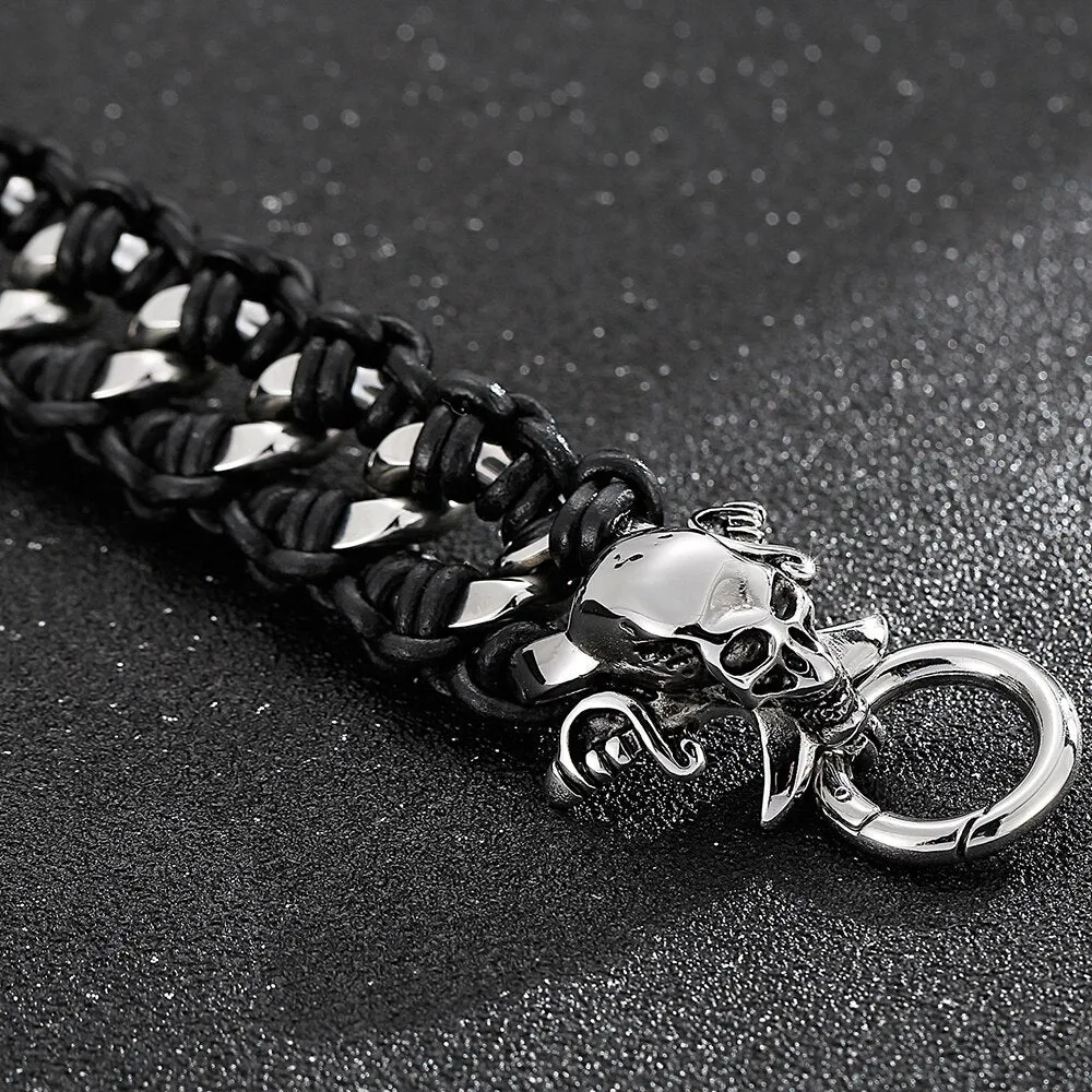 Men Braided Leather Bracelets Skull Stainless Steel Street Wristbands For Men