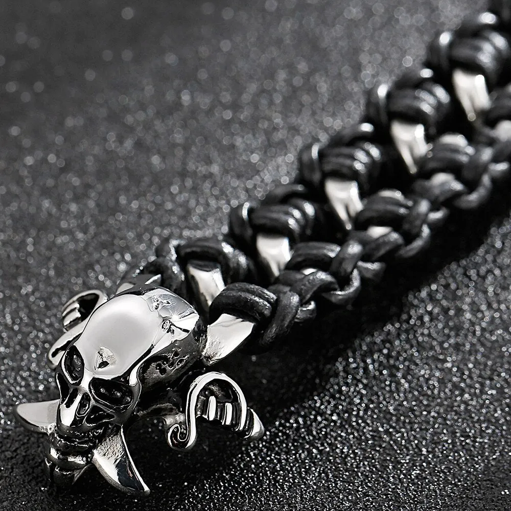 Men Braided Leather Bracelets Skull Stainless Steel Street Wristbands For Men