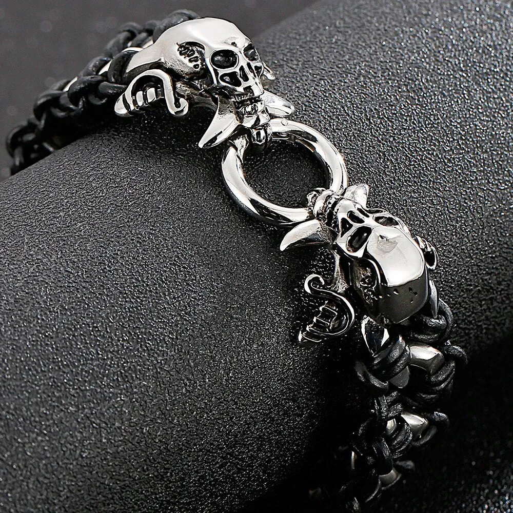 Men Braided Leather Bracelets Skull Stainless Steel Street Wristbands For Men