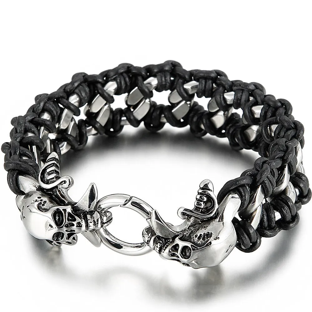 Men Braided Leather Bracelets Skull Stainless Steel Street Wristbands For Men