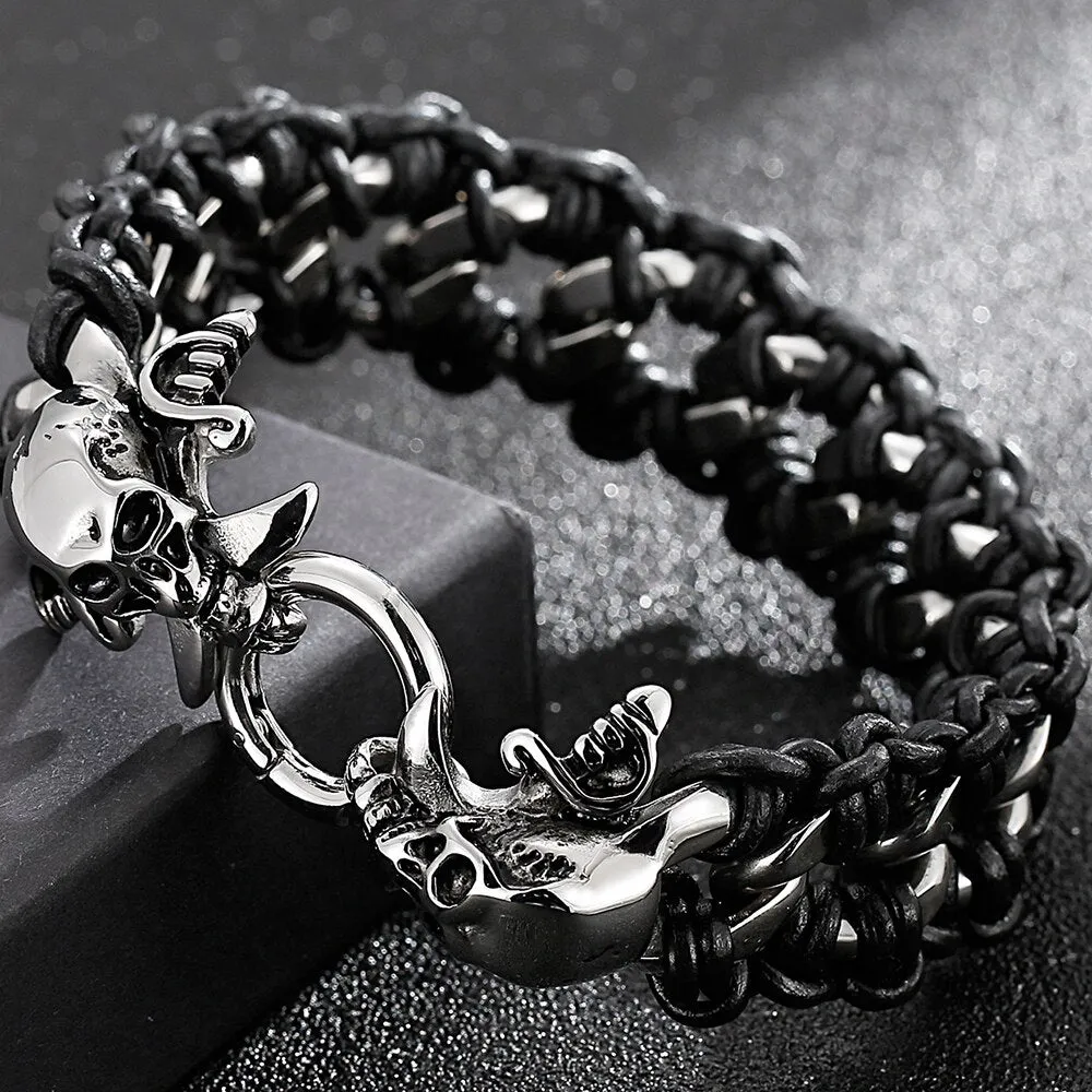 Men Braided Leather Bracelets Skull Stainless Steel Street Wristbands For Men
