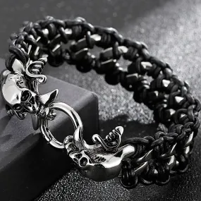 Men Braided Leather Bracelets Skull Stainless Steel Street Wristbands For Men