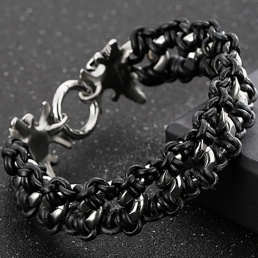 Men Braided Leather Bracelets Skull Stainless Steel Street Wristbands For Men