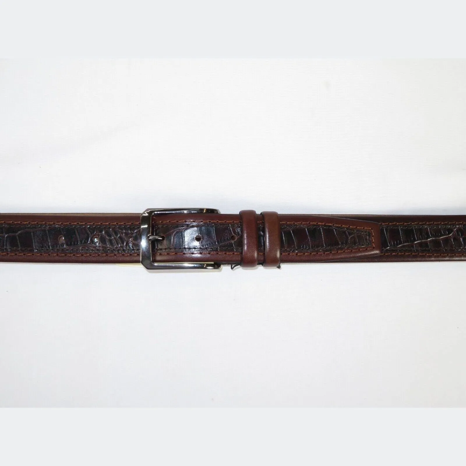 Men Genuine Leather Belt PIERO ROSSI Turkey Crocodile print Stitched 3071 Brown