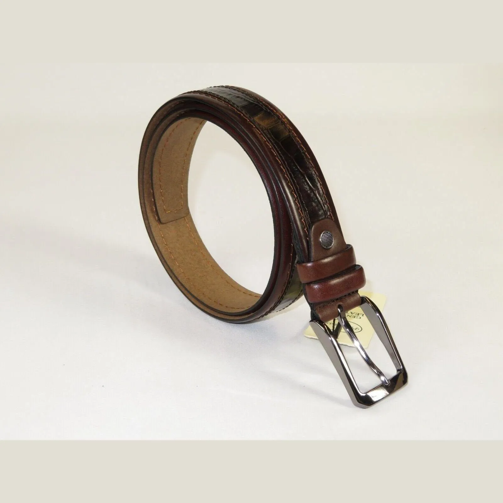 Men Genuine Leather Belt PIERO ROSSI Turkey Crocodile print Stitched 3071 Brown
