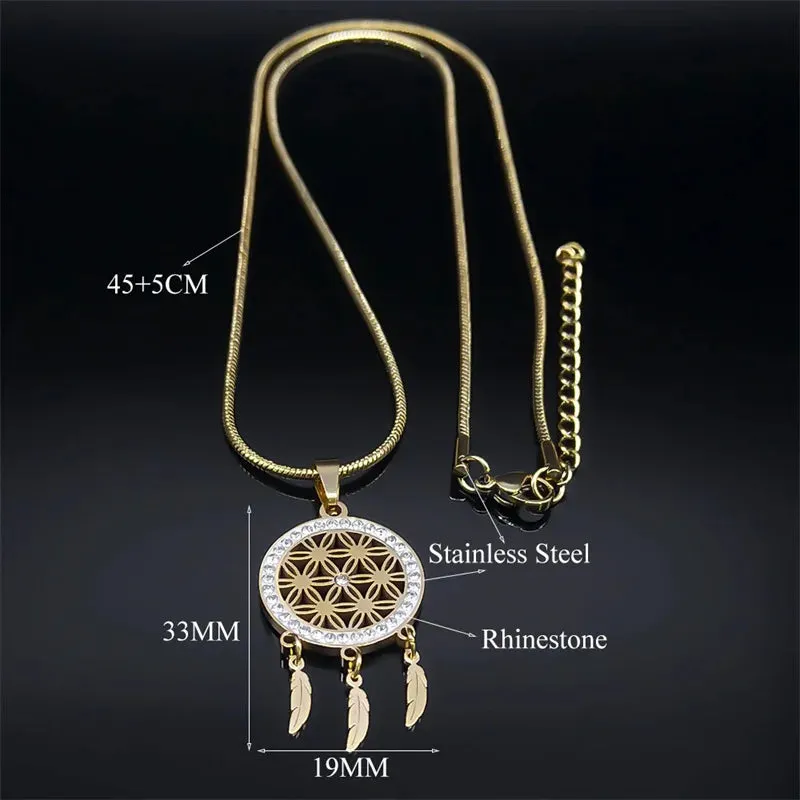 Minimalist Dream Catcher Necklace Stainless Steel Gold Color Seed of Life Feather Tassel Necklaces