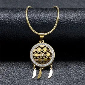 Minimalist Dream Catcher Necklace Stainless Steel Gold Color Seed of Life Feather Tassel Necklaces