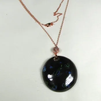 Navy Blue Large Kazuri Pendant on Rose Gold Chain Necklace