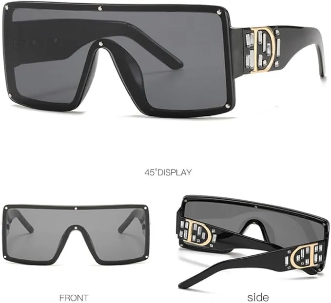 NEW Cool One Piece Sunglasses Women Square Shades Sun Glasses For Men Vintage Gradient Eyeglass UV400, Black, Retails $46