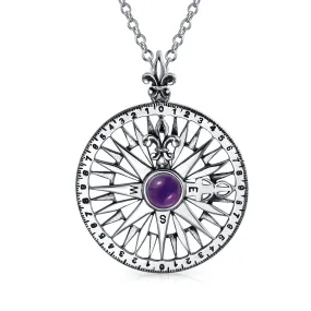 Purple CZ Fleur De Lis Nautical Rose Compass Pendant Sterling Silver