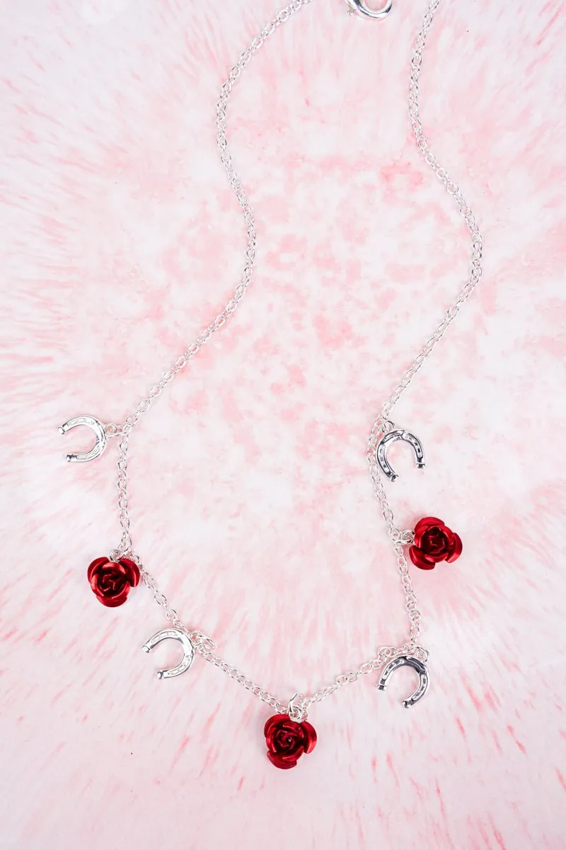 Red and Silvertone Kentucky Derby Charm Necklace