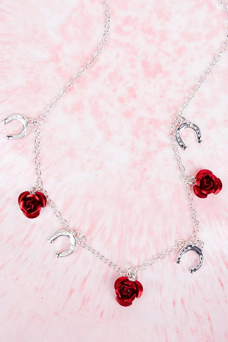 Red and Silvertone Kentucky Derby Charm Necklace