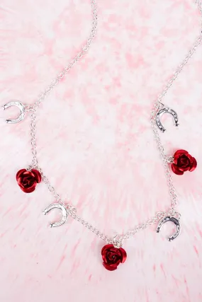 Red and Silvertone Kentucky Derby Charm Necklace