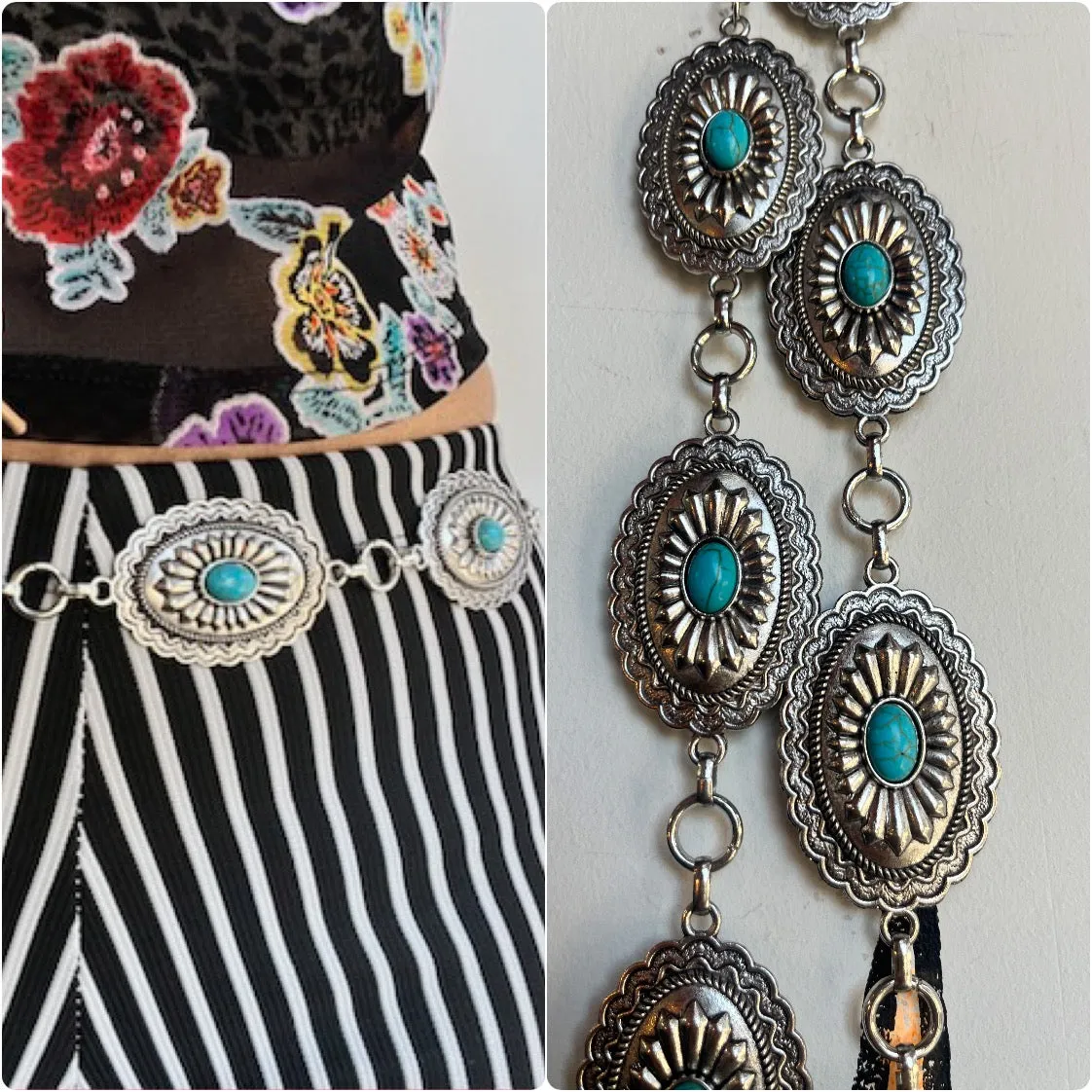 Retro Y2K | Concho Western Boho Silver Faux Turquoise Chain Link Belt | One Size