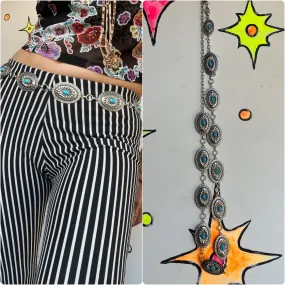 Retro Y2K | Concho Western Boho Silver Faux Turquoise Chain Link Belt | One Size