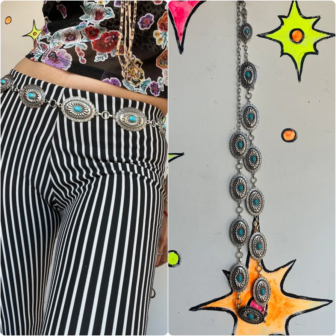 Retro Y2K | Concho Western Boho Silver Faux Turquoise Chain Link Belt | One Size
