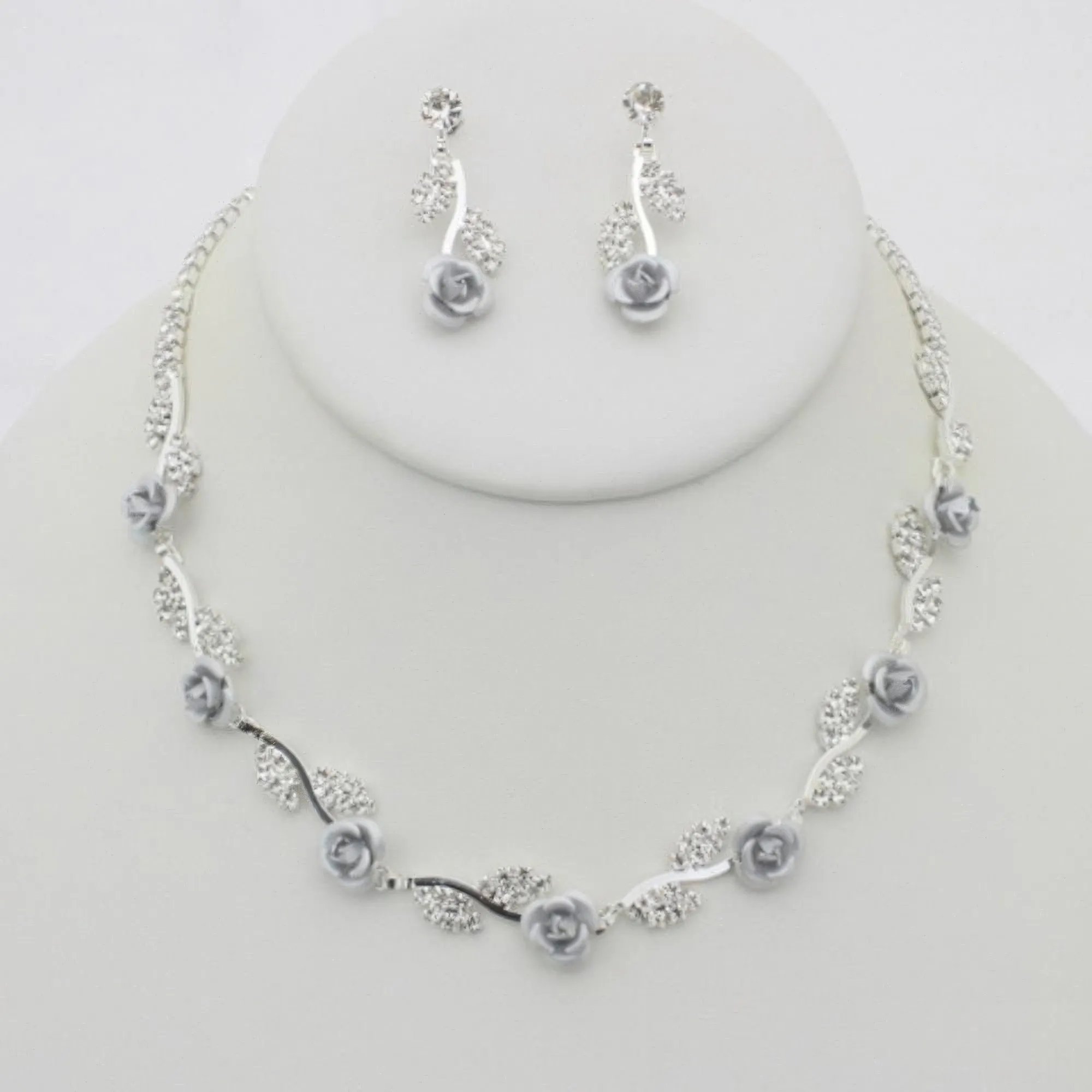 Rhinestone Rose Necklace Earring Set