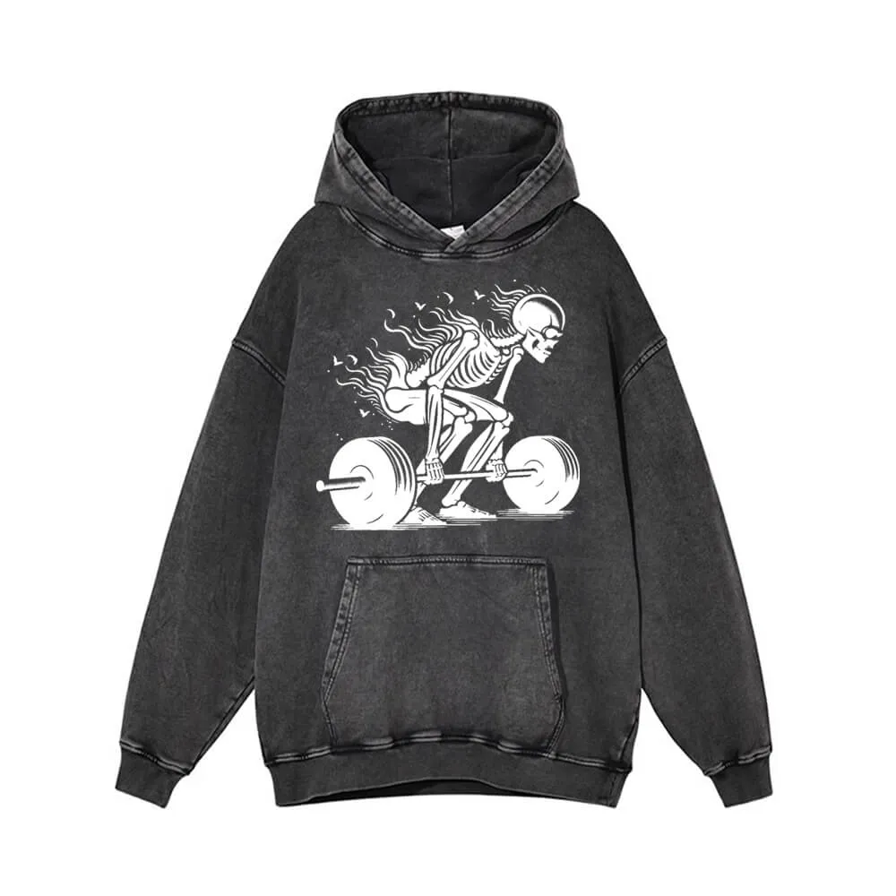 Skeleton Deadlift Barbell Vintage Washed Hoodie