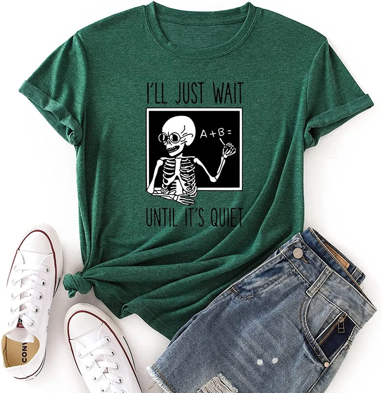 Skeleton Teacher Tees Women I'll Just Wait Until Quiet Funny Teacher T-Shirt