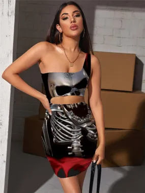 Skull Dress Women Skeleton Bodycon Dress Hip Hop Hollow out Dresses Rock Halter Sleeveless
