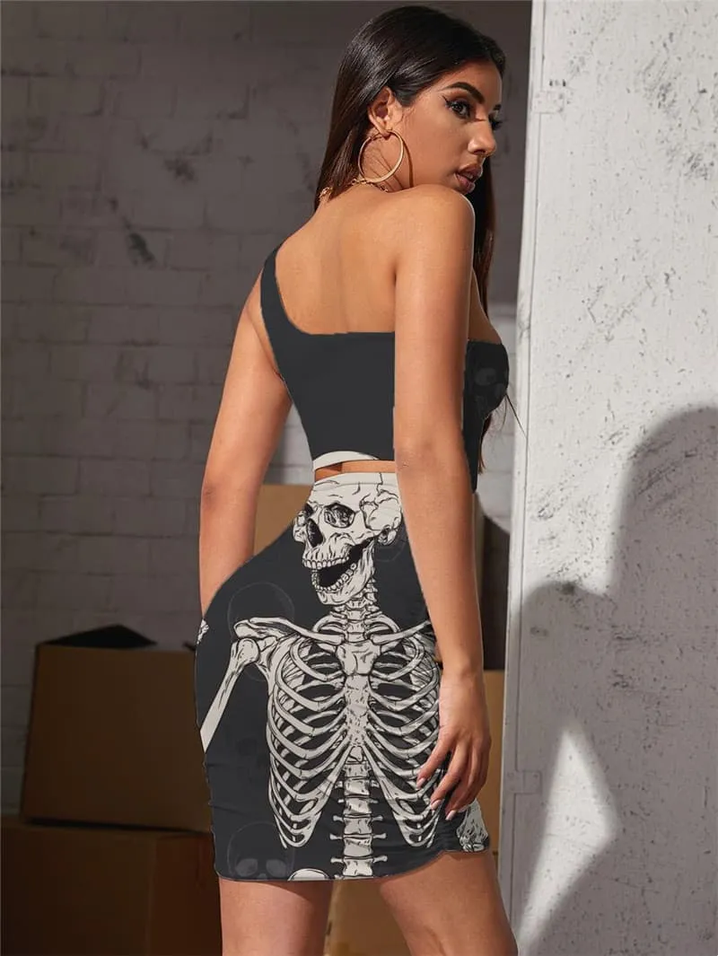 Skull Dress Women Skeleton Bodycon Dress Hip Hop Vestido Sexy Rock Pleating
