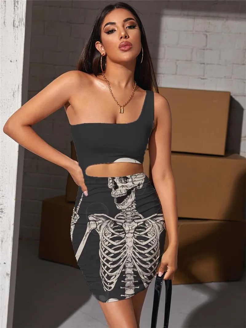 Skull Dress Women Skeleton Bodycon Dress Hip Hop Vestido Sexy Rock Pleating