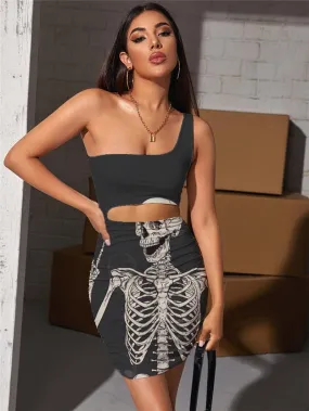 Skull Dress Women Skeleton Bodycon Dress Hip Hop Vestido Sexy Rock Pleating