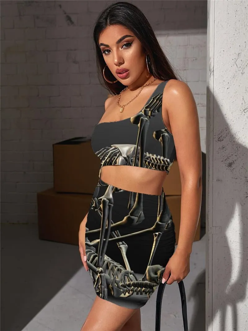 Skull Dress Women Skeleton Bodycon Dress Rock Hollow out Dresses Hip Hop Pleating