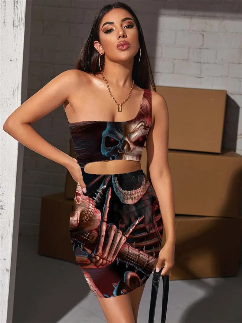 Skull Dresses Women Skeleton 3d Print Hip Hop Halter Sleeveless Punk Bodycon Dress Rock Vestido Sexy