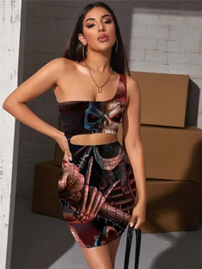 Skull Dresses Women Skeleton 3d Print Hip Hop Halter Sleeveless Punk Bodycon Dress Rock Vestido Sexy