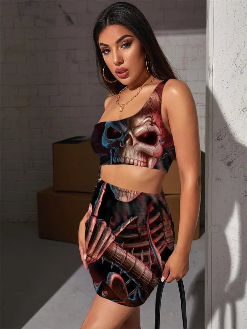 Skull Dresses Women Skeleton 3d Print Hip Hop Halter Sleeveless Punk Bodycon Dress Rock Vestido Sexy