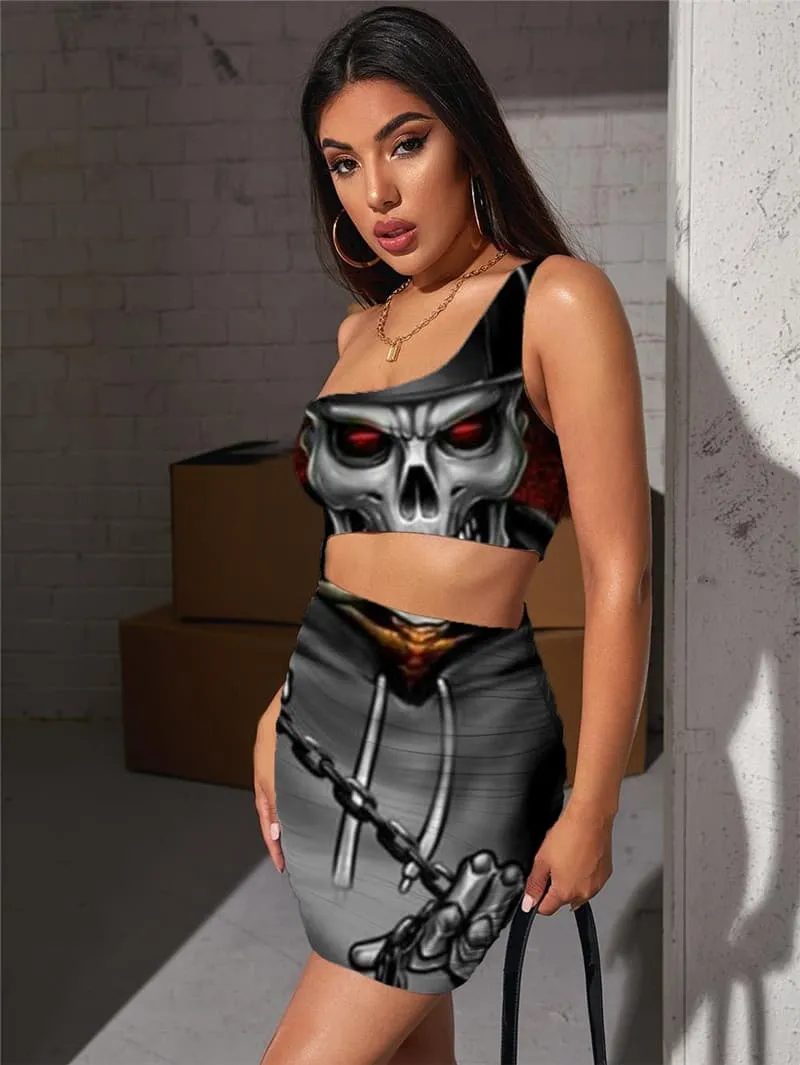 Skull Dresses Women Skeleton 3d Print Rock Vestido Sexy Hip Hop Pleating