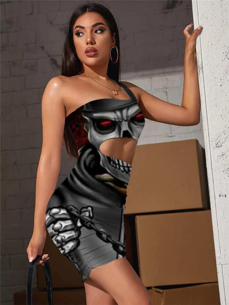 Skull Dresses Women Skeleton 3d Print Rock Vestido Sexy Hip Hop Pleating