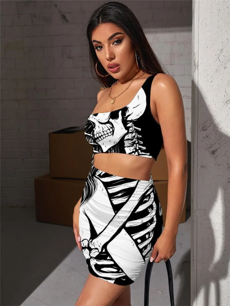 Skull Dresses Women Skeleton Bodycon Dress Love Vestido Sexy Novel Halter Sleeveless Harajuku Pleating