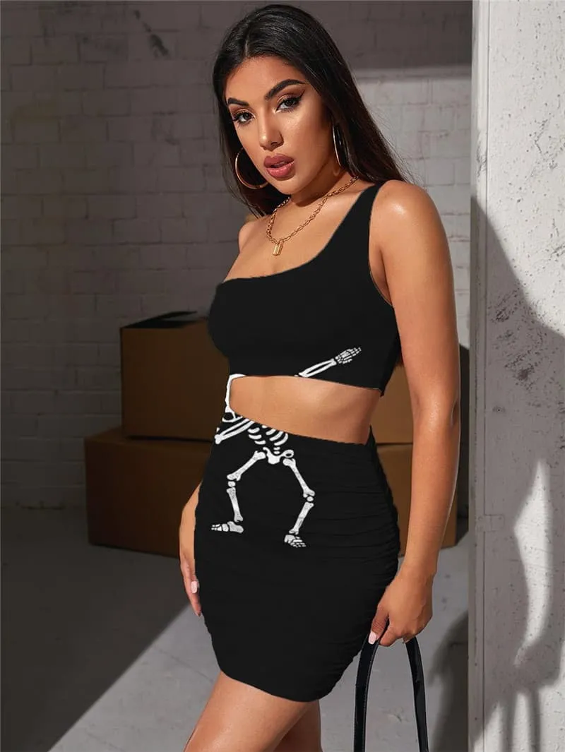 Skull Dresses Women Skeleton Halter Sleeveless Dancing Pleating Rock Vestido Sexy
