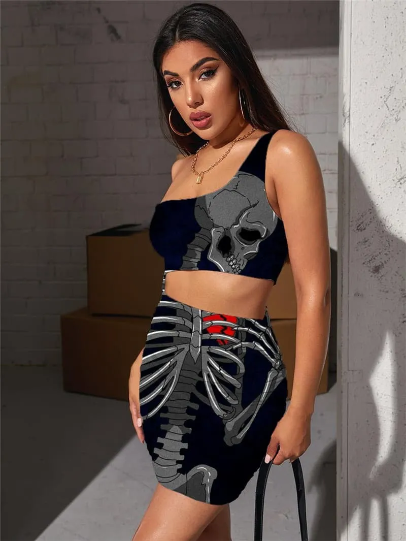 Skull Dresses Women Skeleton Pleating Broken Heart Vestido Sexy Rock 3d Print