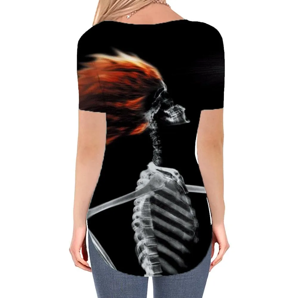 Skull T-shirt women Skeleton Shirt Print Hair Dryer V-neck Tshirt Hip Hop Tshirts Printed
